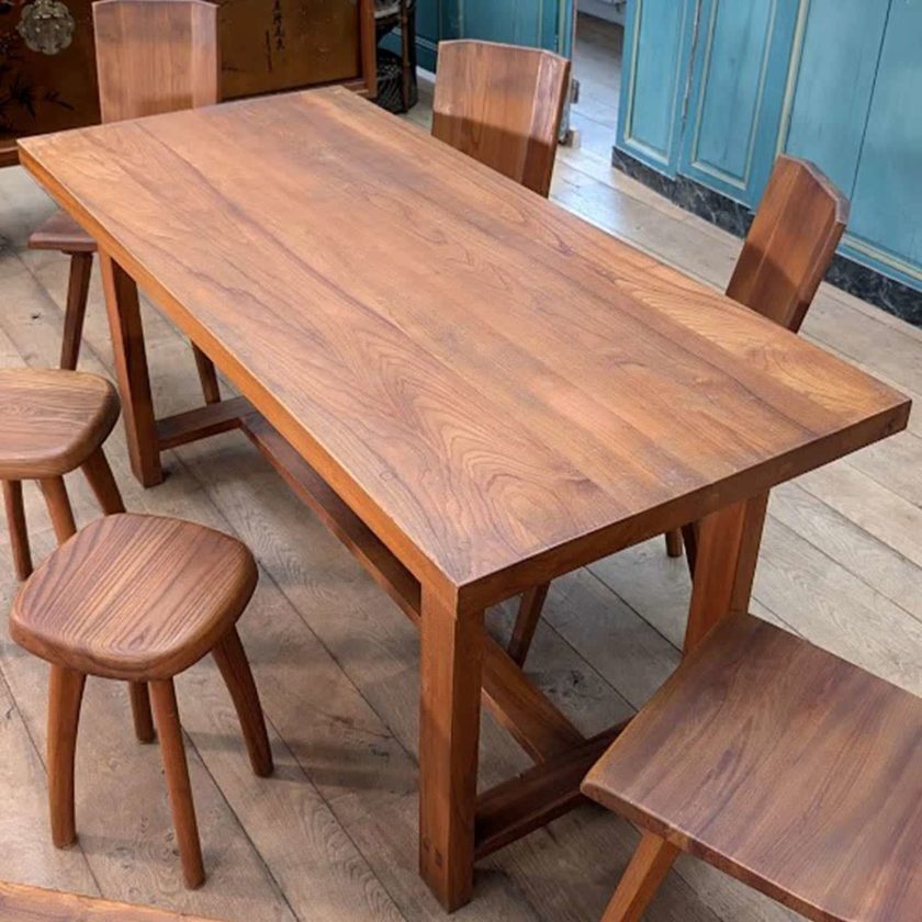 Ensemble Pierre Chapo, 6 chaises S28, Table T01D et paire de tabouret